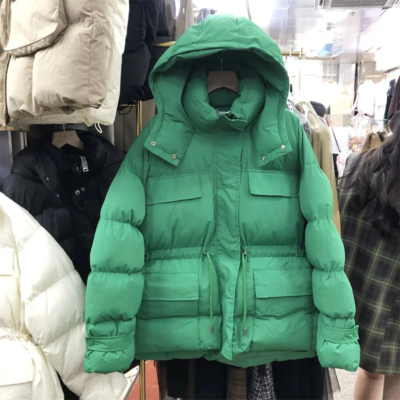 

2023 New Women Cotton Parka Thicken Warm Drawstring Waist Big Pocket Hooded Winter Down Cotton-padded Coat Casual Female Outwear
