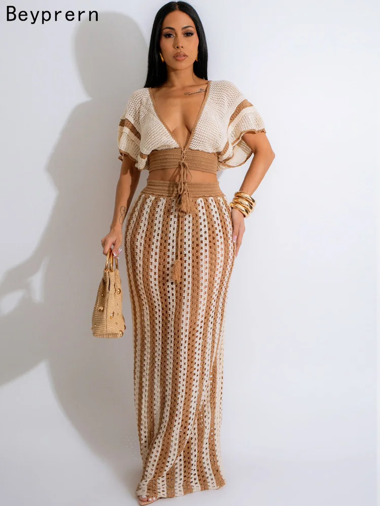 Beyprern полосатый принт V-образный вырез короткий рукав на шнуровке вязаный кроп-топ