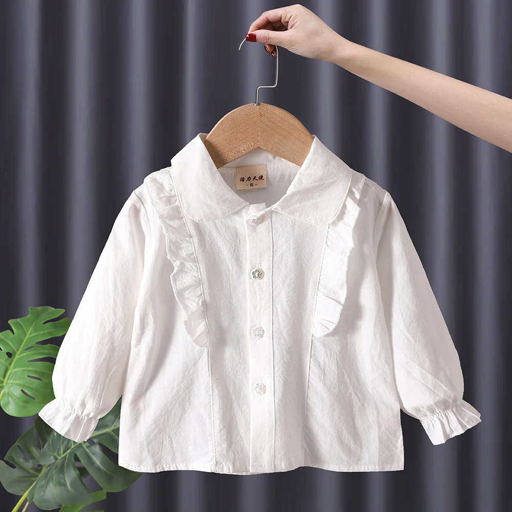 

Toddler Baby Girl Cute Shirts Long Sleeve White Cotton Tops Ruched Shirts Spring fall clothes Kids School Costume