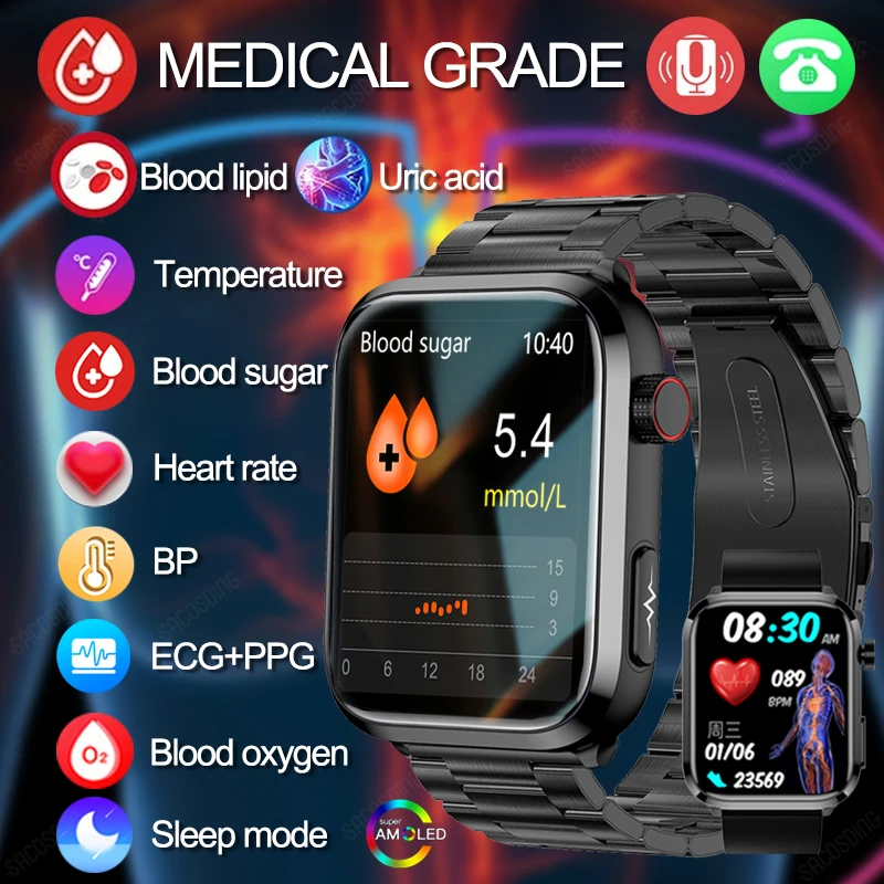 

Uric Acid Non invasive Blood Glucose Smart Watch Men Bluetooth Call Blood Lipid Blood Oxygen Blood Pressure Smartwatch 2023 New
