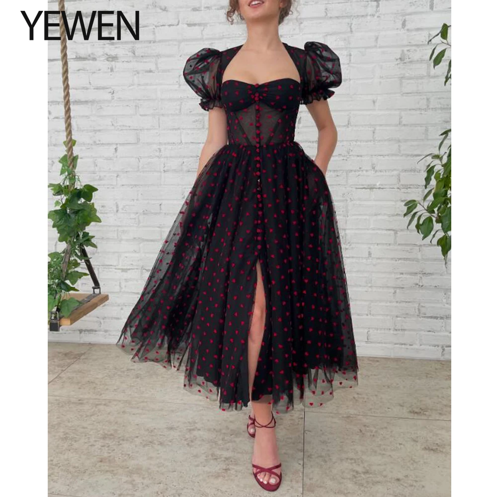 

Black Tulle Dress Velvet Heart Print Queen Anne Neck Elegant Open Back Bow Tie Puff Short Sleeve Mid Slit Evening Dress