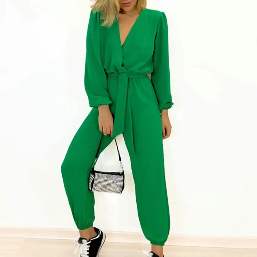 

Women V-neck Jumpsuit Chic Women's V-neck Long Sleeve Jumpsuit High Waist Belted Romper for Slim Fit Streetwear Fashion Casual