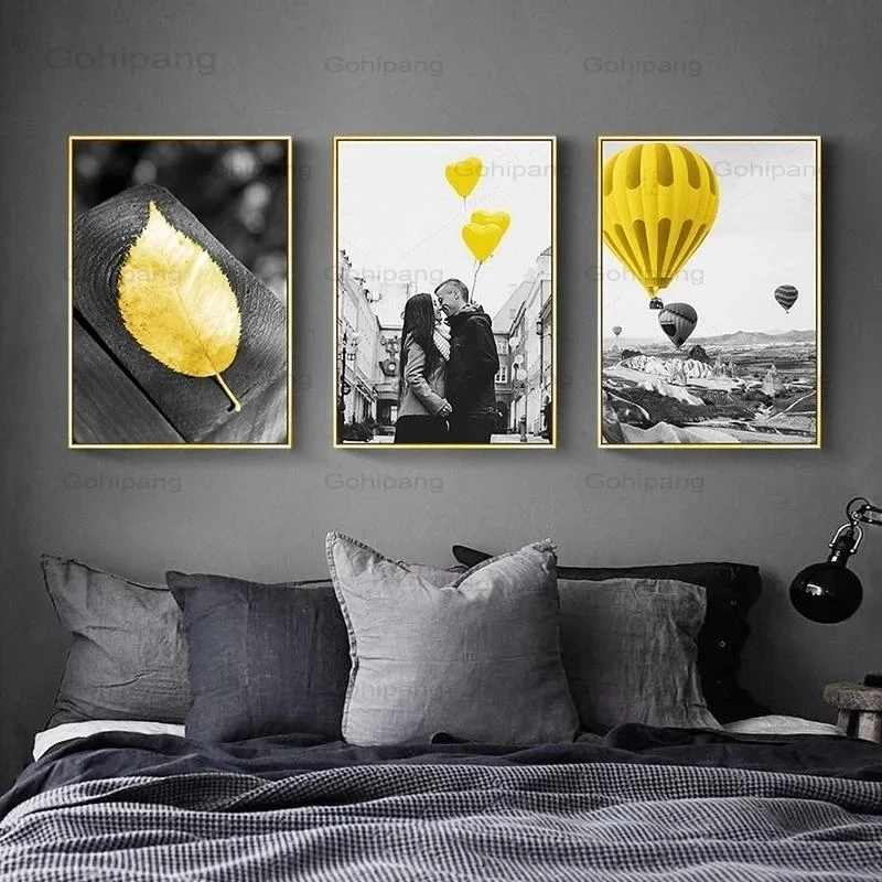 

Black Modern City Street Scenery Canvas Painting Yellow Car Balloon Art Poster and Prints Living Room Decor Home Wall Picture