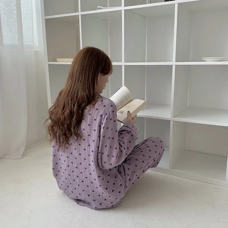 QWEEK Cotton Sleepwear Korean Pajamas Women Autumn Cute Heart Print Pyjamas Long Sleeve Pijama Female Set Negligee Cardigan Suit