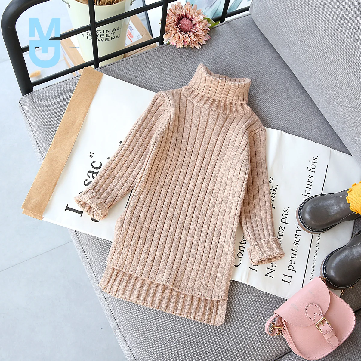 

New Baby Girl Knitted Ribbed Sweater Long Autumn Winter Spring Toddler Child Long Sweater Pullover Turtleneck Baby Clothes 2-7Y