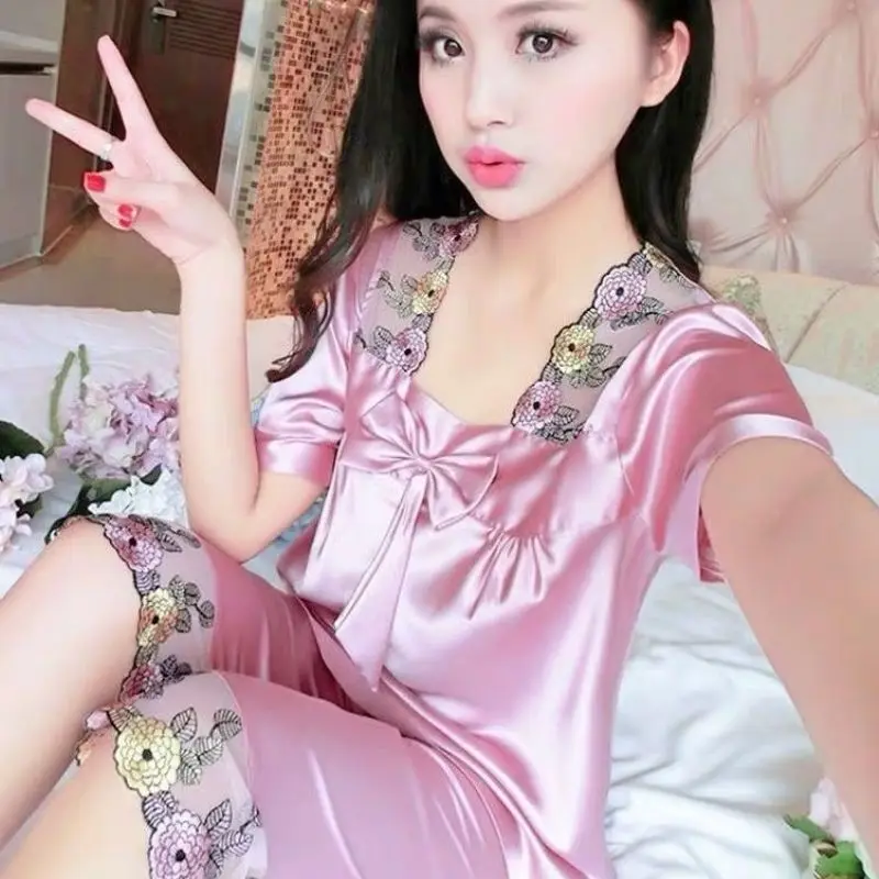 

Summer Womens Silk Satin Pajamas Set Short Sleeve Sleepwear Lace Pajama Pajamas Suit Female Sleep Two Piece Set Loungewear E22