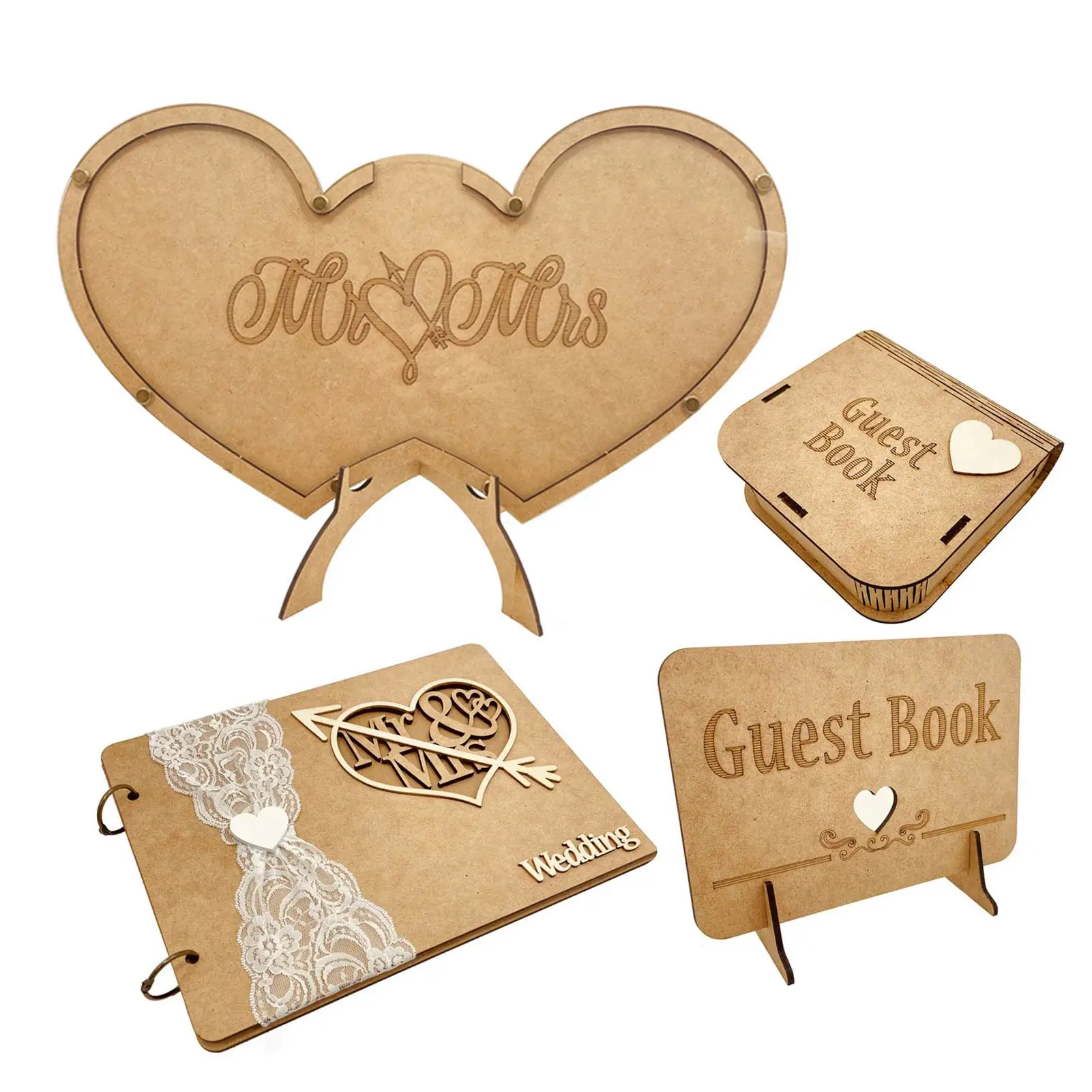 

Guest Sign-In Book With Dual-Hearts Shaped Decor Bride Groom Engraved Wedding Sign-In Books With 100 Pieces Wood Hearts Guests