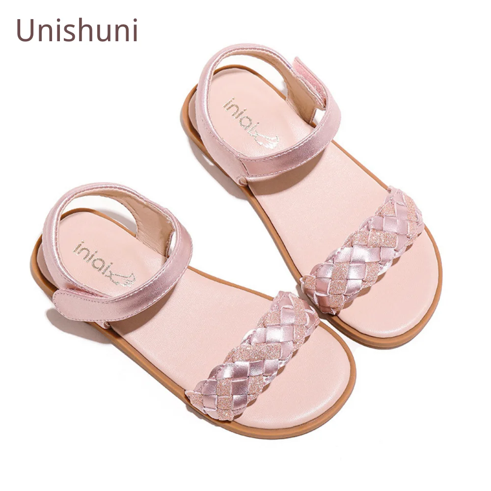 Unishuni Princess Sandal Knit Gladiator Sandal for Girl Children Bling Glitter Leather Soft Summer Shoe Kids Open Toe Dress Shoe