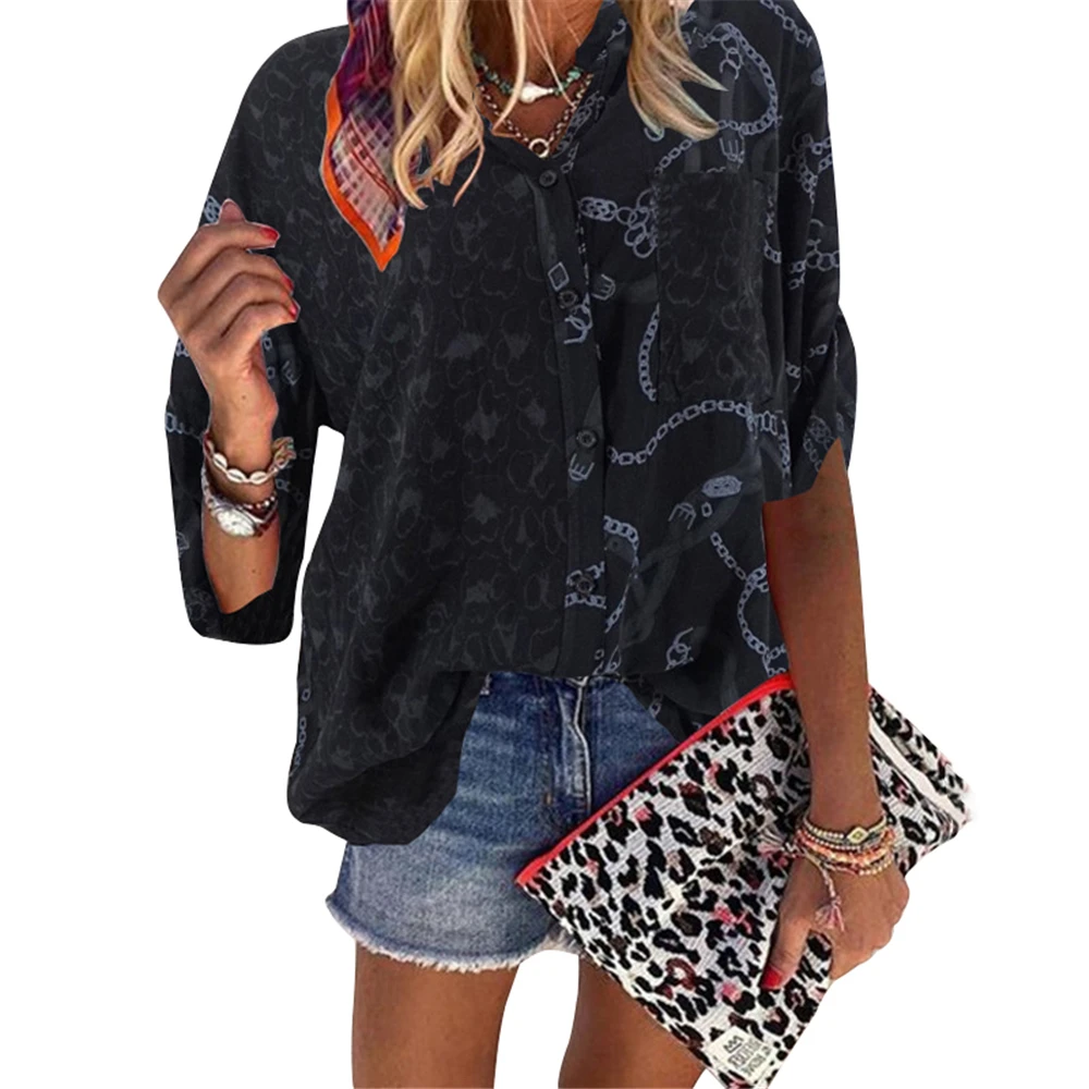 

Woman Tops Mujer Fashion 2022 Shirt Spring Auutmn Casual Streetwear Shirts for Women Leopard Chain Printed Ladies Blousees