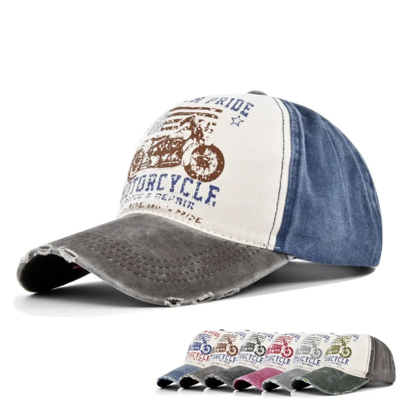 

Cross-Border Graffiti Printing Baseball Cap Motorcycle Washed Distressed Cap Color Matching Baseball Cap Floppy Hat Curved Brim