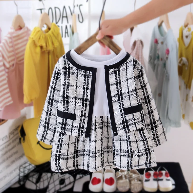 

South Korean Style Children Clothes Spring Girls Plaid Jacket and Skirt 2Pcs/Set Birthday Fashion Knit Cardigan Suit Kids Outfit