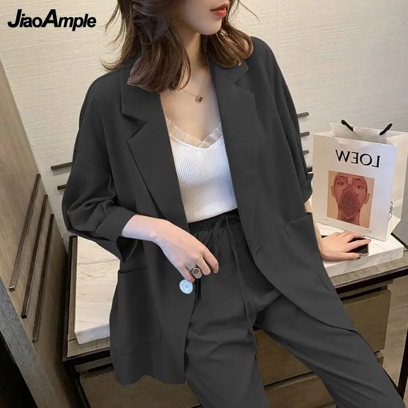 

Women's Spring Autumn Casual Suit Coat + High Waist Pants Set 2022 New Fashion Three-quarter Sleeve Blazer Trousers Two Piece