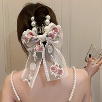 new korean style big pearl bow acrylic hair pin hair clips for women elegant lace ribbon hair claw clip hair accessories