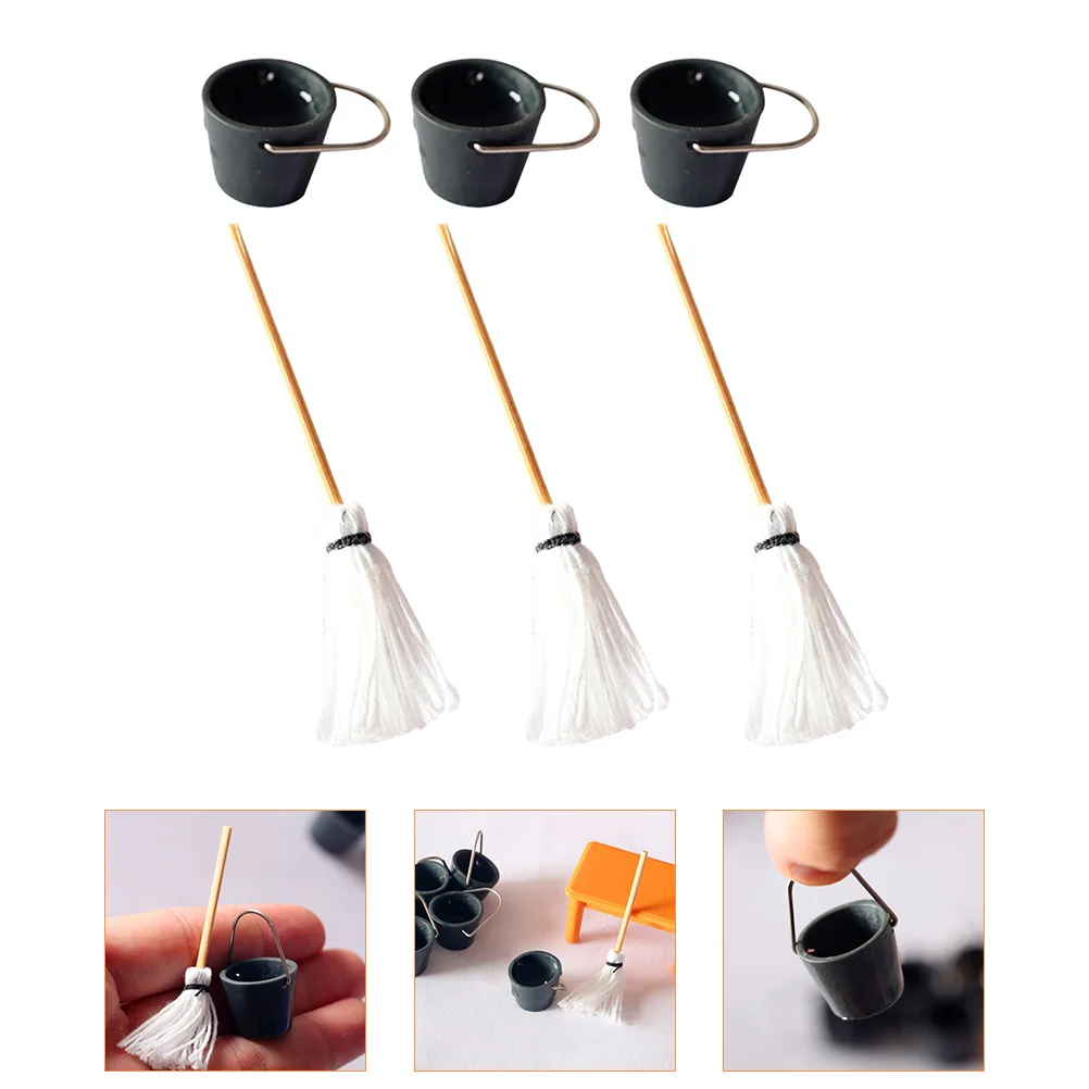 

3 Sets Bucket Mop Model House Kit Miniature Mops Props Iron Small Ornament Toddler Adorns Simulation