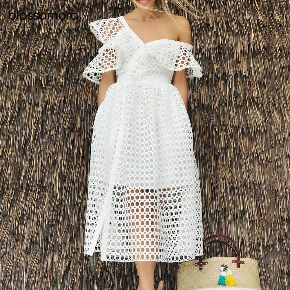 

Blossomora White Lace Hollow Out Elegant Midi Dress One-shoulder Ruffled Sleeve New Fashion Sexy Vestidos for Women 2022 Summer