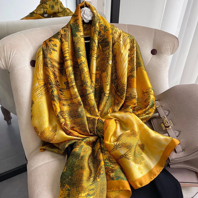 

Новый Шелковый весенне-осенний женский шарф роскошный дизайн печать женская пляжная шаль шарф модный гладкий квадратный шарф женский тюрб...