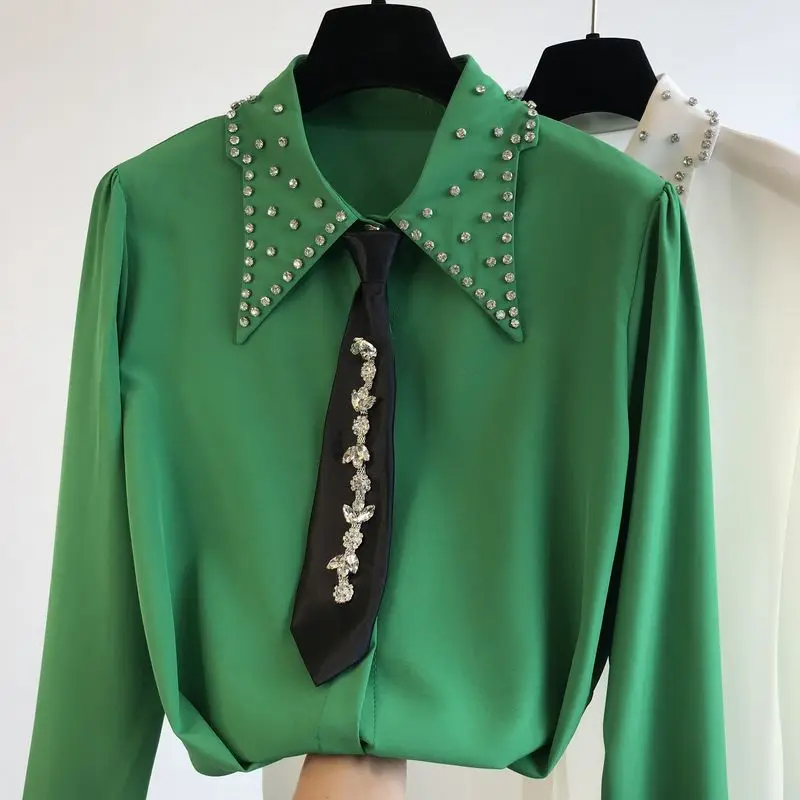 

2022 New Spring Summer Black Tie Shirt Women's Heavy Industry Beads White Shirts Top Women's Green Chiffon Blouse Elegant Blusas