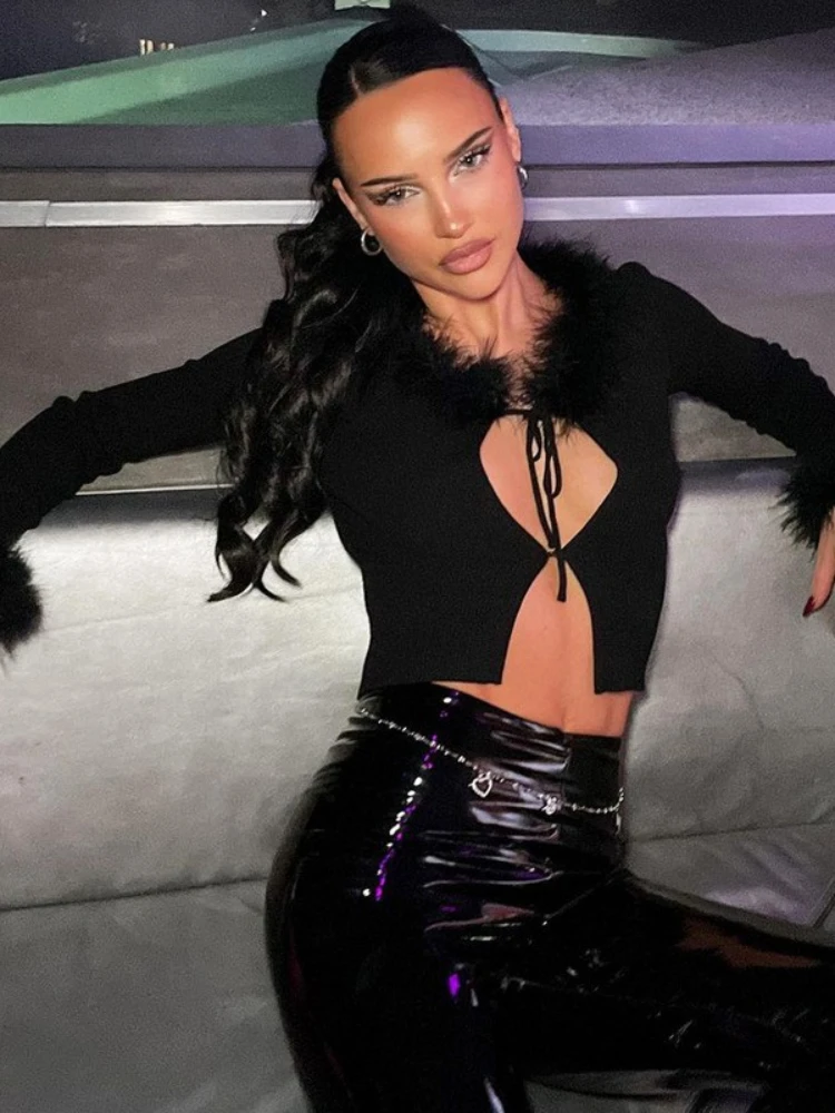 

SEASONS Faux Fur Collar Tie Up Crop Top Fashion Streetwear Y2k Black Ribbed Long Sleeve Tees Fall Winter Sexy T Shirt ASTS86100