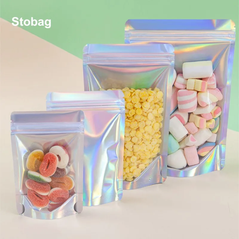

StoBag 100pcs Laser Food Packaging Ziplock Bag Stand Up Self Sealing Trannsparent for Candy Snack Nuts Storage Reusable Pouches