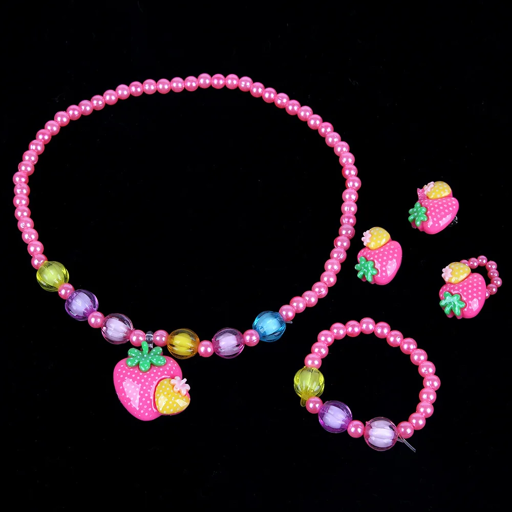 

Fashion Pearl Kids Strawberry Necklace Set Cartoon Princess Girl Necklace Earrings Ring Bracelet Set Jewelry Wholesale