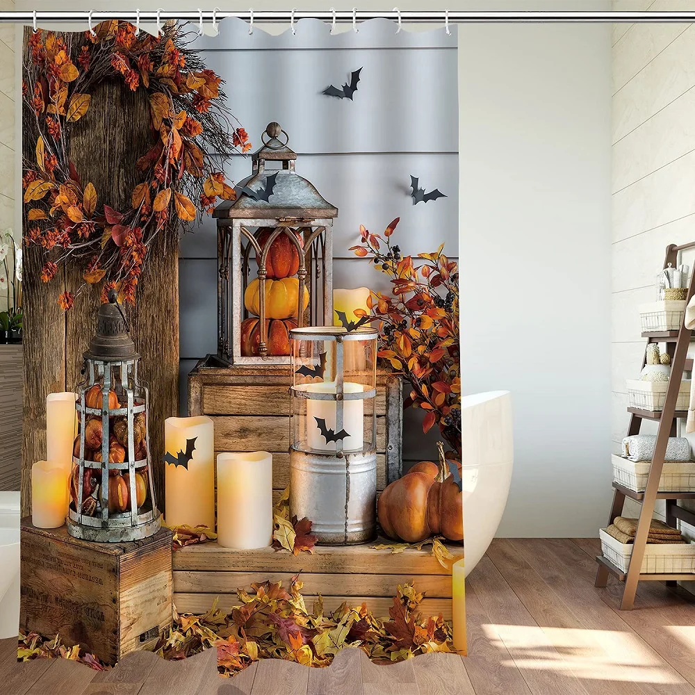 

Fall Harvest Shower Curtain Pumpkin Maple Leaf Wooden Board Lantern Happy Thanksgiving Bath Curtains Bathroom Decor Hook Screens