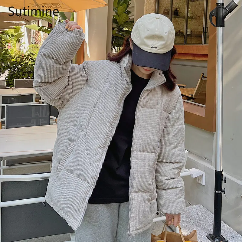 Winter Clothes Women Office Lady Pockets Corduroy Down Cotton Jacket for Women Preppy Style Short and Loose Zipper Winter Coat
