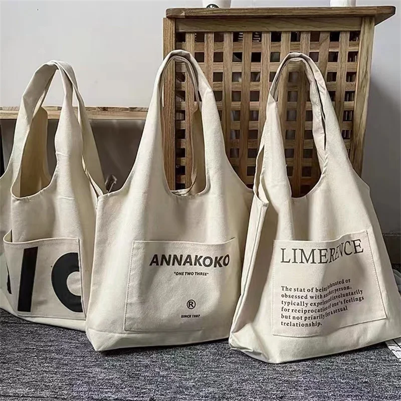 

Canvas Tote Bags For Women Large Ladies Eco Cotton Linen Cloth Handbag Letters Print Shopper Bags Reusable Shopping Beach Bags