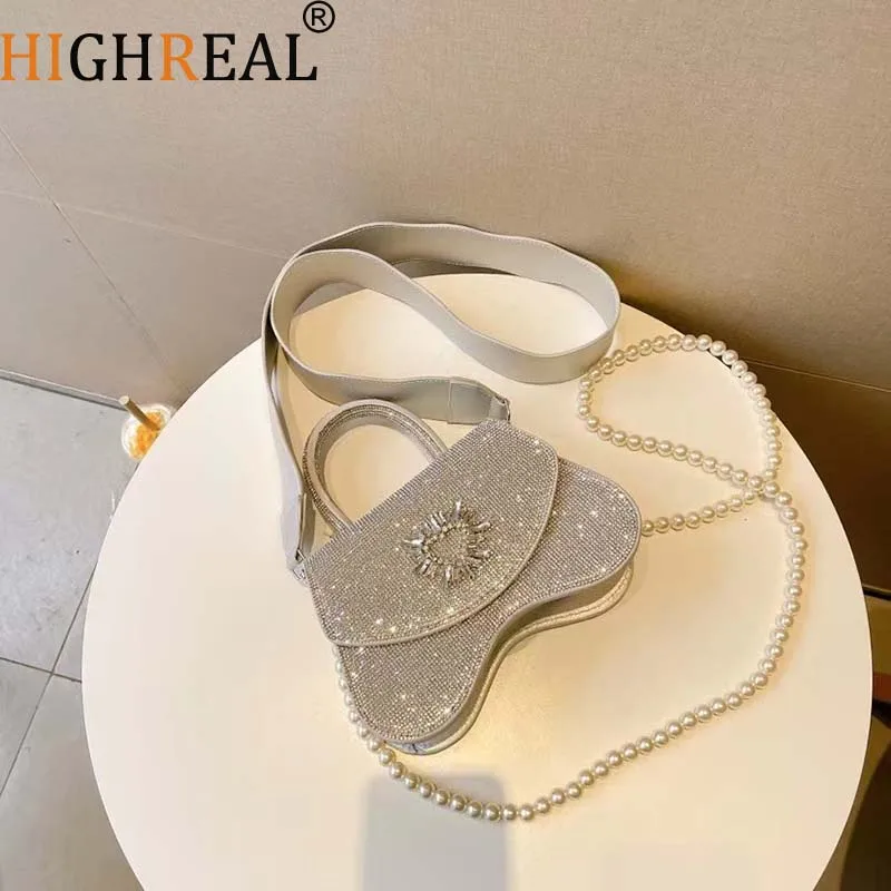 

Shiny Crystal Shoulder Bags For Women New Luxury Rhinestone Pearl Chain Evening Clutch Purses And Handbags Designer Fashion