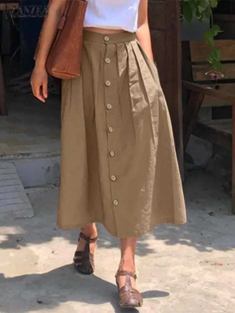 

2022 Summer A Line Jupe Femme ZANZEA Solid Cotton Skirt Women Elegant Pleated Button Mujer Falda Casual Holiday Beach Midi Saias