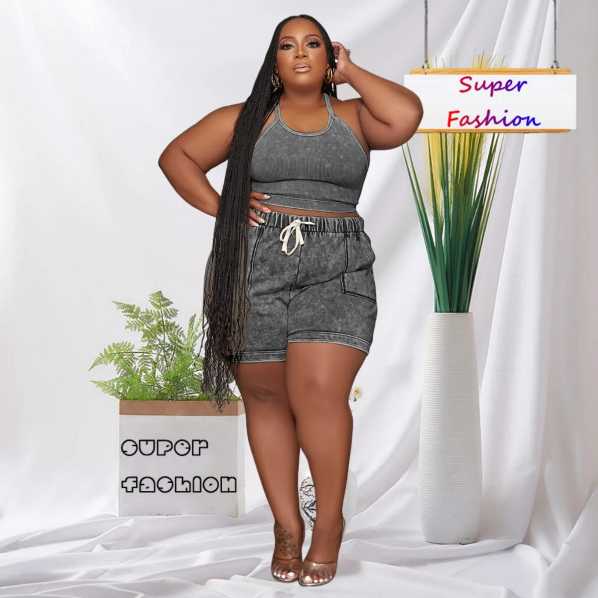 

WSFEC L-4XL размера плюс женский комплект из двух предметов, сексуальный топ без рукавов и короткий костюм, летняя повседневная Пляжная женская одежда