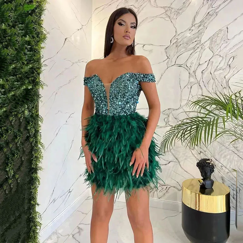 Sequin Feathers Mini Skirt Dress Women Off Shoulder Sexy Shiny Luxury Evening Prom Party Dresses Female 2022 Summer New