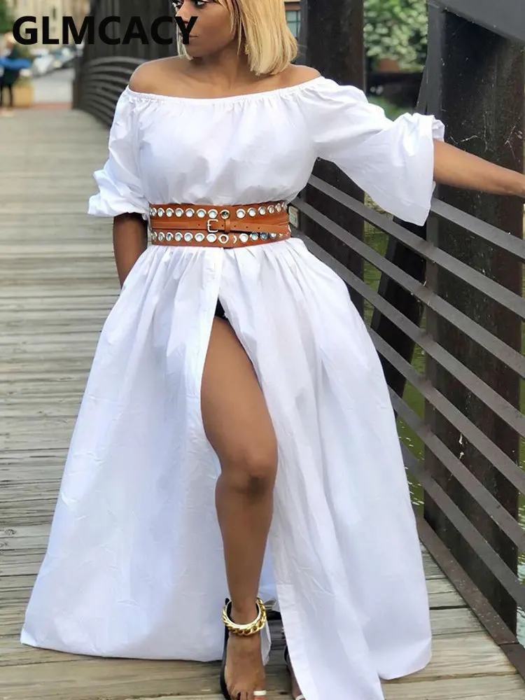 

Женское платье макси с открытыми плечами, рукавом до локтя и разрезом (ремень не входит в комплект)