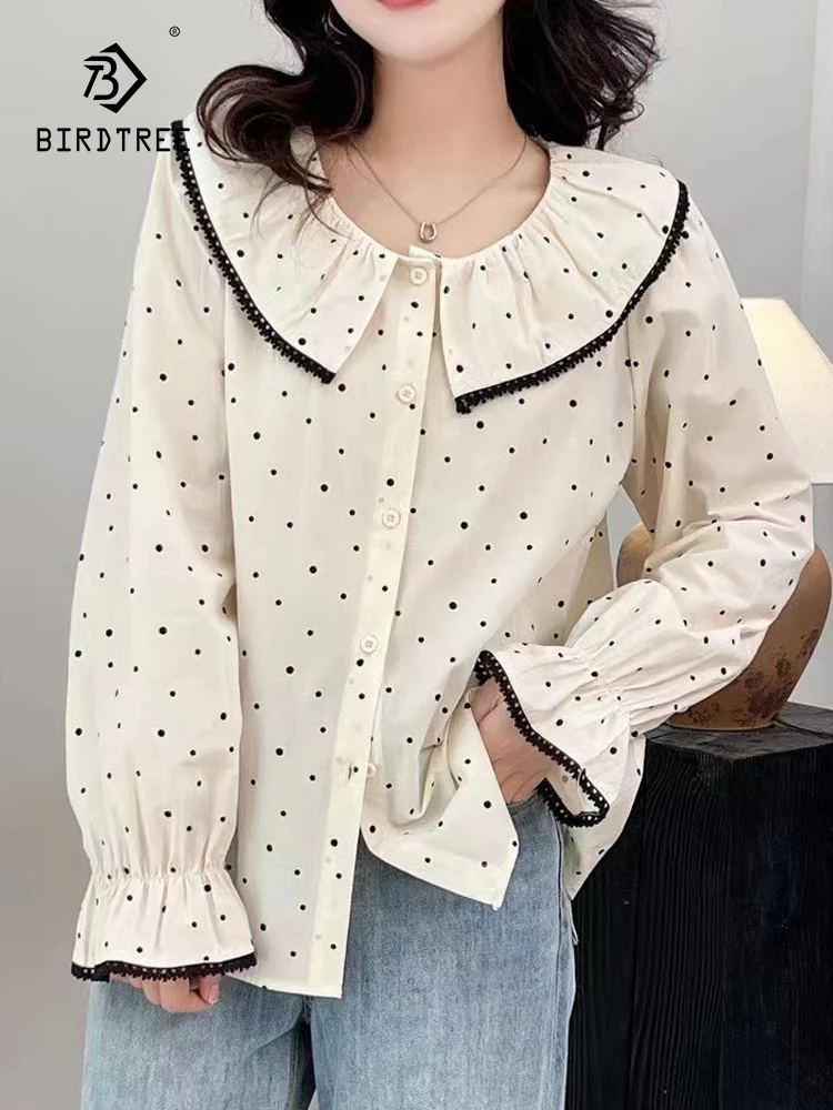 

Новые осенние хлопковые рубашки в горошек, женские топы с отложным воротником, свободные элегантные блузки с длинными рукавами для девочек, весенние блузы в японском стиле, T39817QC