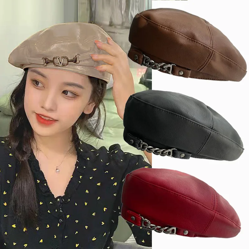 

Дамский берет из искусственной кожи, шапки, Осень-зима, винтажные Восьмиугольные шапки, уличная шапка художника для женщин, повседневные же...