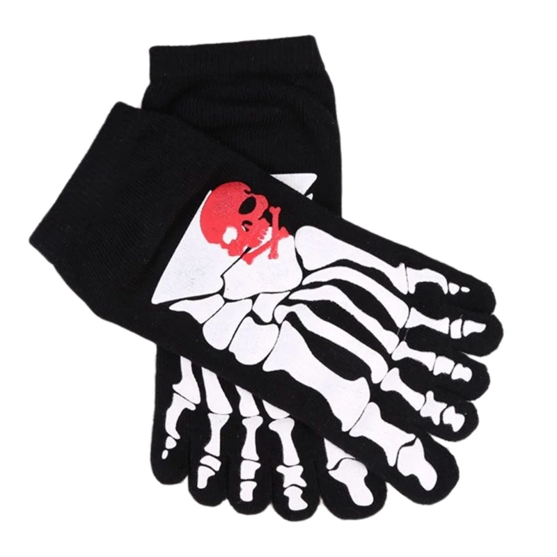 

Terror Skeleton Toe Bone Printed Crew Socks for Mens Personality Halloween Funny Scary Skull Five Finger Short Hosiery