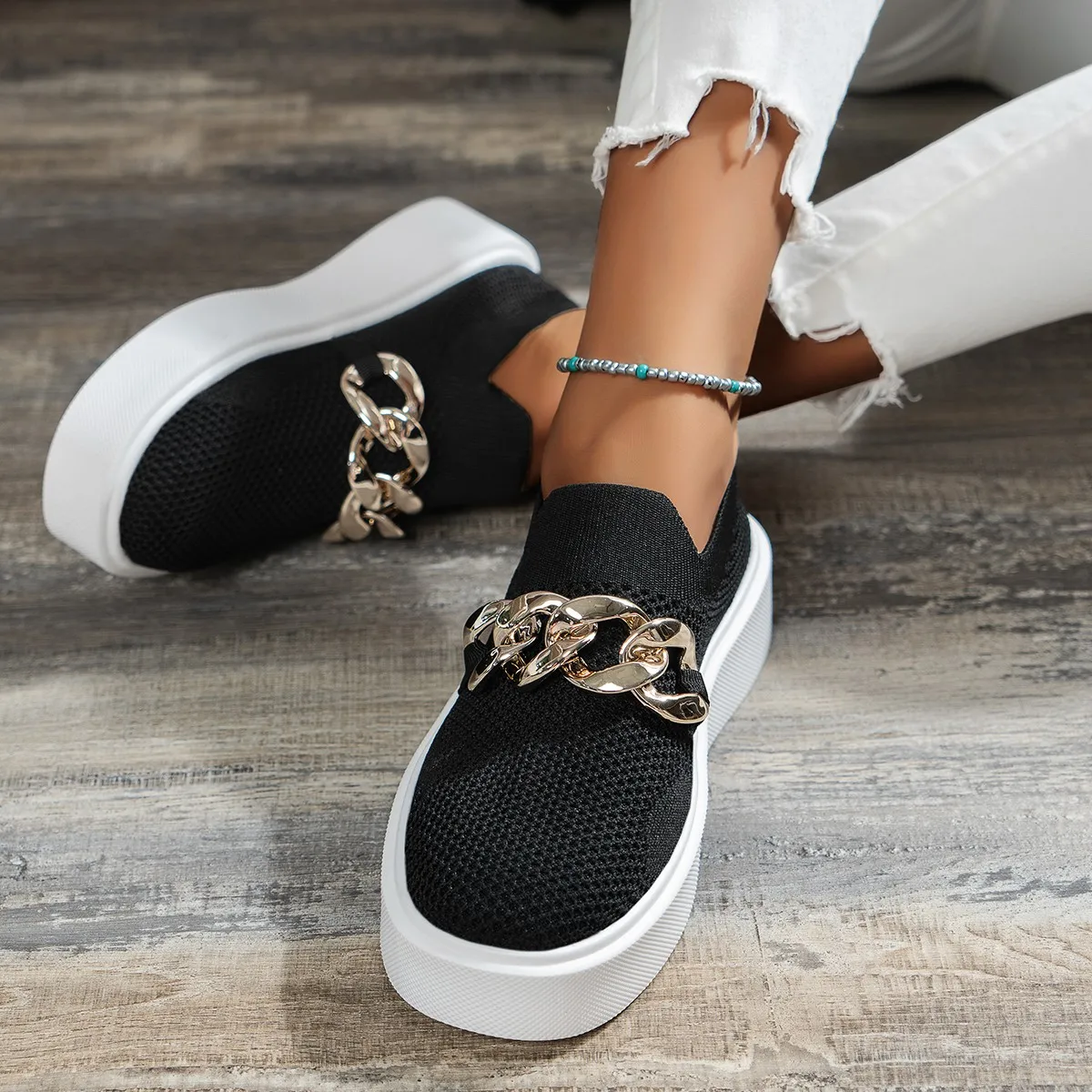 Women Shoes 2023 Casual Shoes Women Metal Chain Loafers Fashion Sneakers Flats Women Platform Plus Size  Zapatillas Mujer