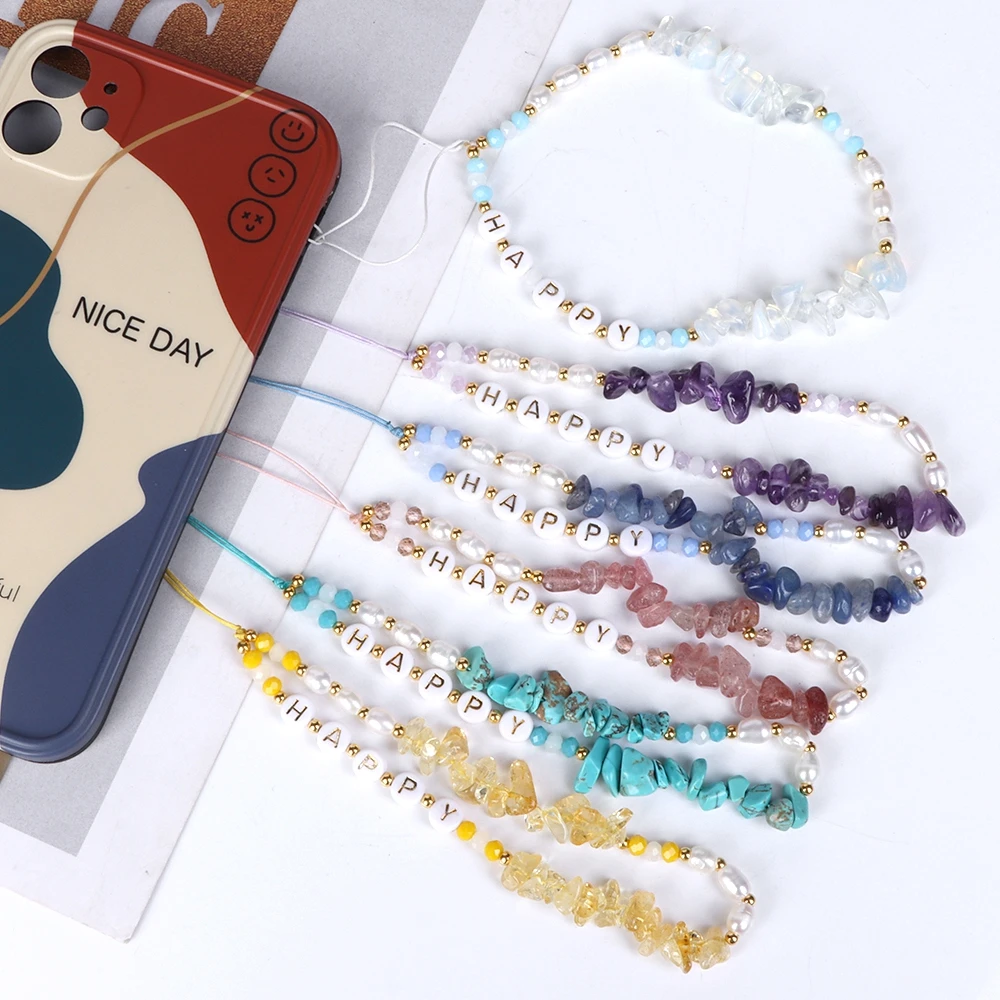 

Pearl Mobile Phone Chain For Women Natural Chip Quart Stone Bead Strap Lanyard Happy Letter Charm Anti-lost Cellphone Case Rope