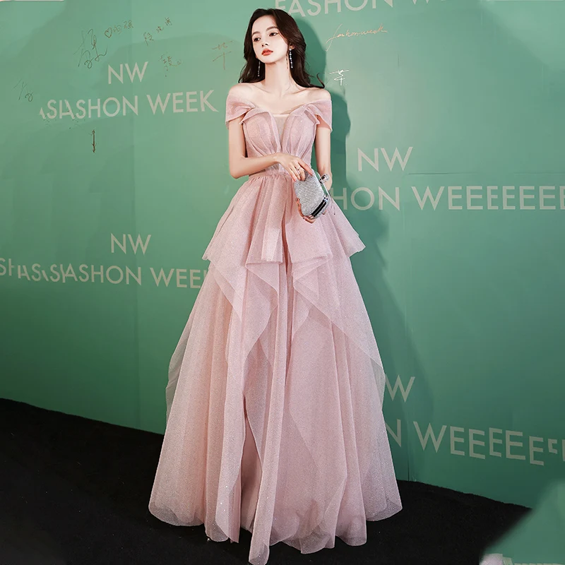 

Женское вечернее платье без бретелек, элегантное розовое платье с открытыми плечами, длинное платье-трапеция в несколько рядов, коктейльное платье для вечеринки в стиле знаменитостей