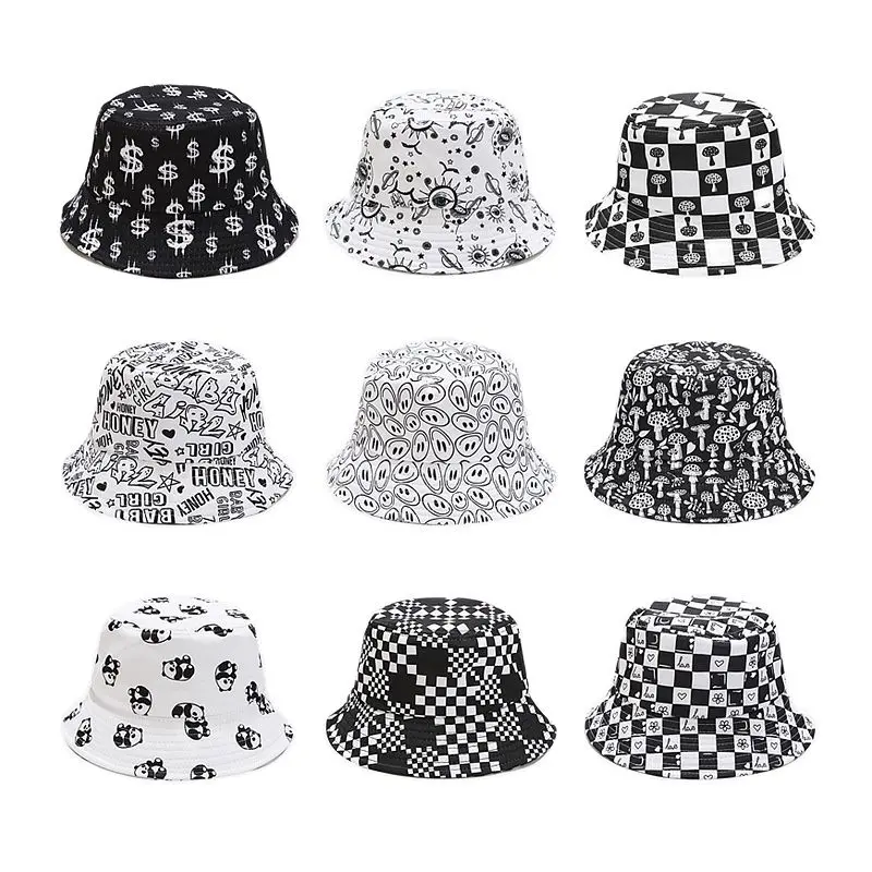 

LDSLYJR 12 Styles Cotton Black and White Print Bucket Hat Outdoor Travel Sun Cap For Men And Women 54