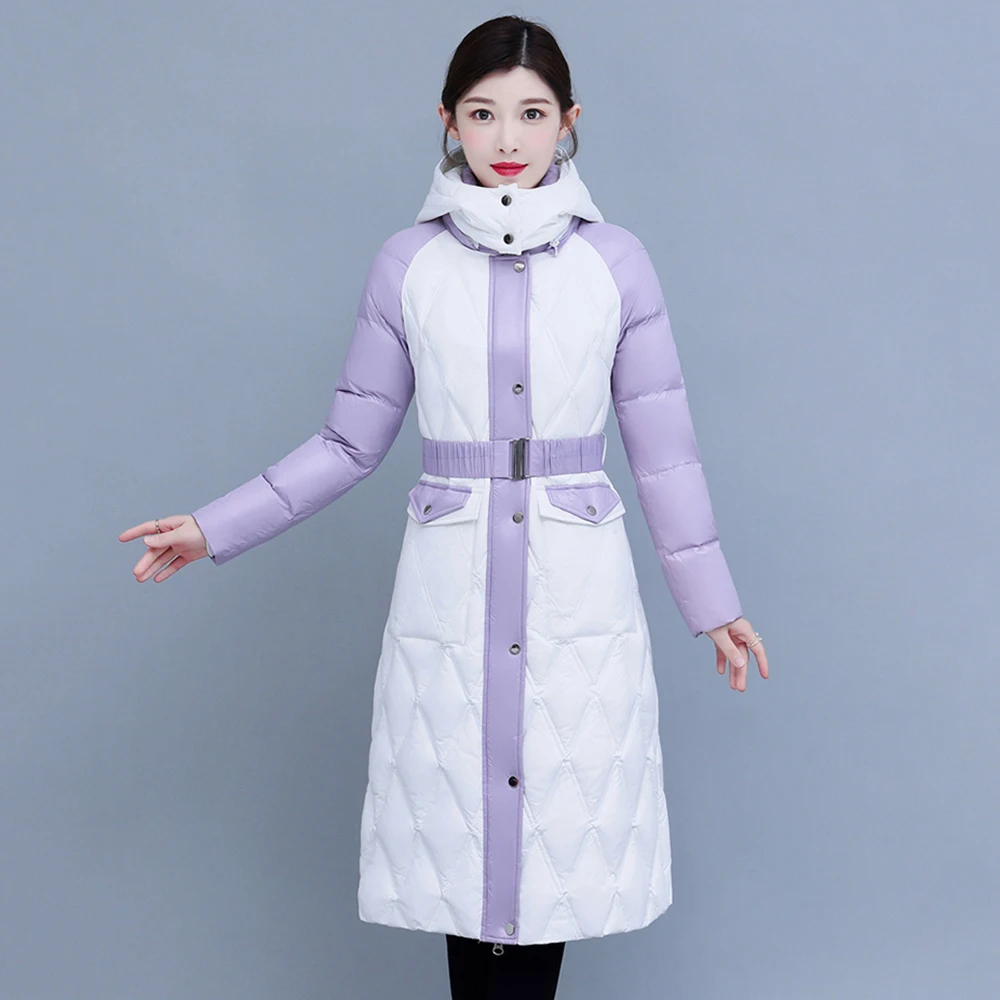 New Women Winter Down Jacket Sweet Fashion Hooded Color Blocking Strecth Belt Medium Long Thicken Warm Slim Down Jacket Female