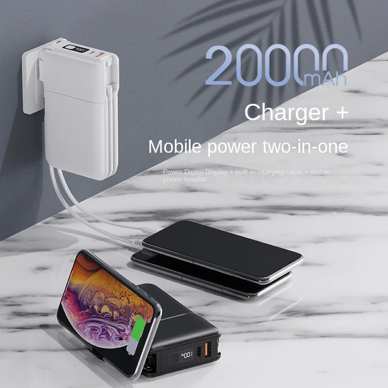 

Power Bank 20000mAh PD QC 22.5W Fast Charging Powerbank Built in Cables With AC Charger External Battery Pack For Huawei Iphone