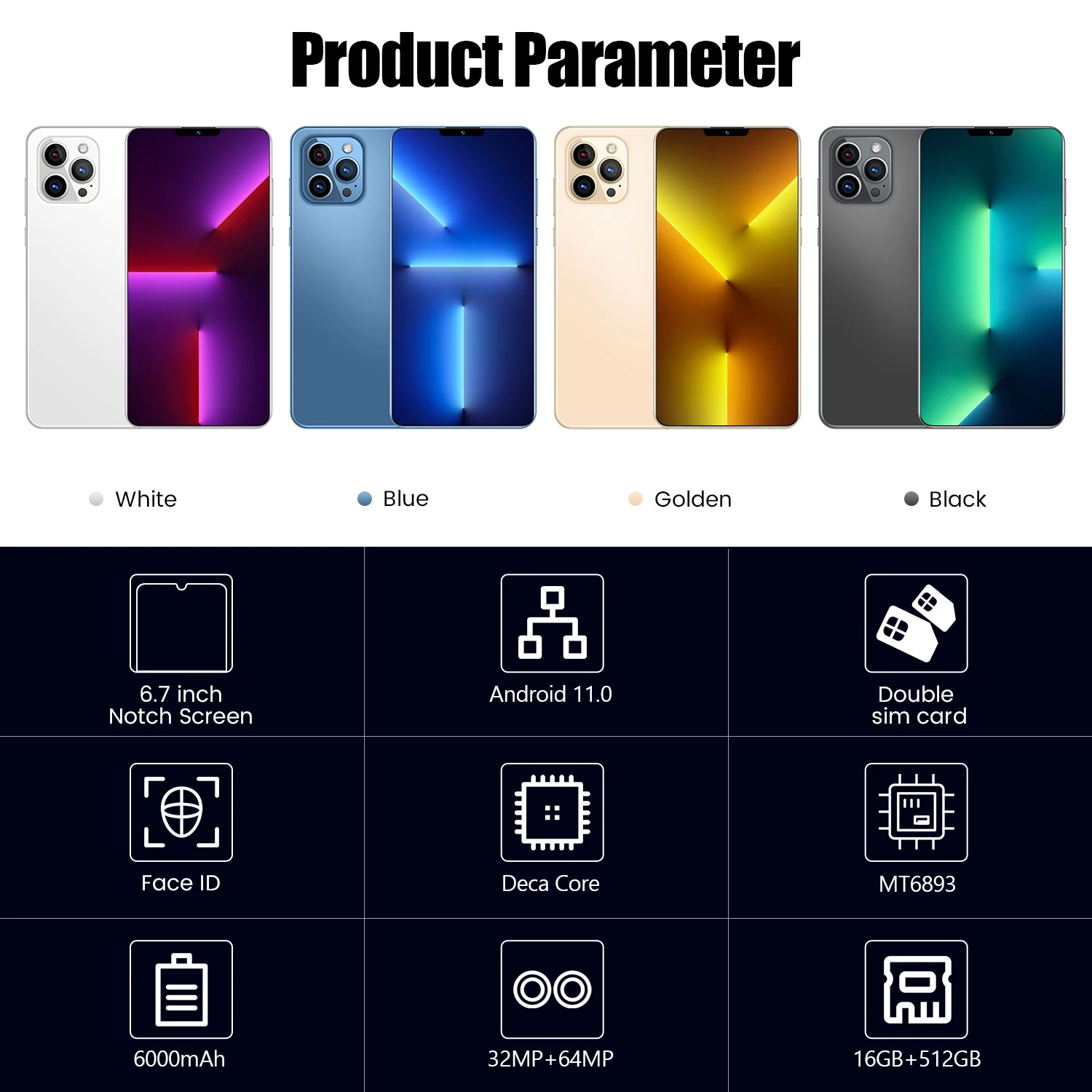 Global Version 6.7 inch Notch Screen 5G Smartphone 16GB+512GB for Apple IPhone 13 Pro Max Cellphone Samsung Huawei Mobile Phone