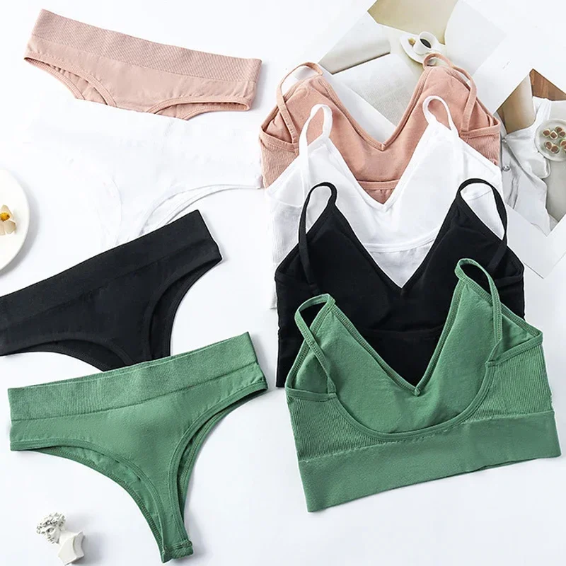 Qisin French Backless Push Up Underwear Set Women Sexy Seamless Bralette Female Lingerie Soft Tank Crop Top Gym Sport Bra