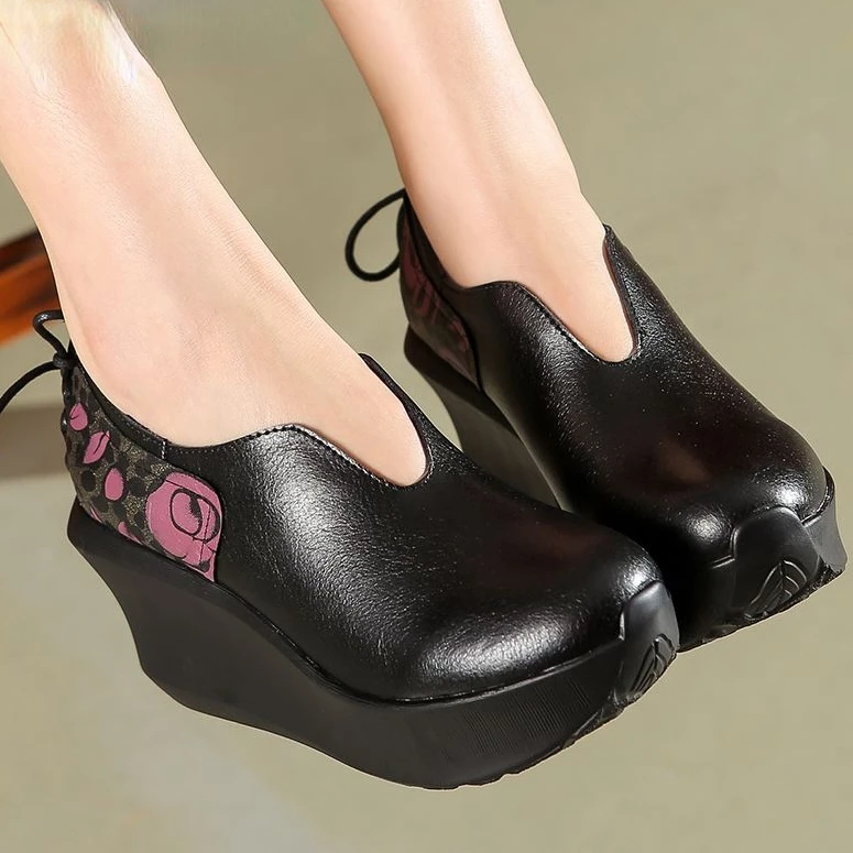 

2022 Wedges Women Shoe Spring Autumn Slip-On High Heels Round Toe Genuine Leather Casual Ladies Platform Shoes Zapatos De Mujer