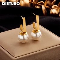 dieyuro 316l stainless steel geometric pearl stud earrings for women luxury designer fashion gold color ear jewelry party gift