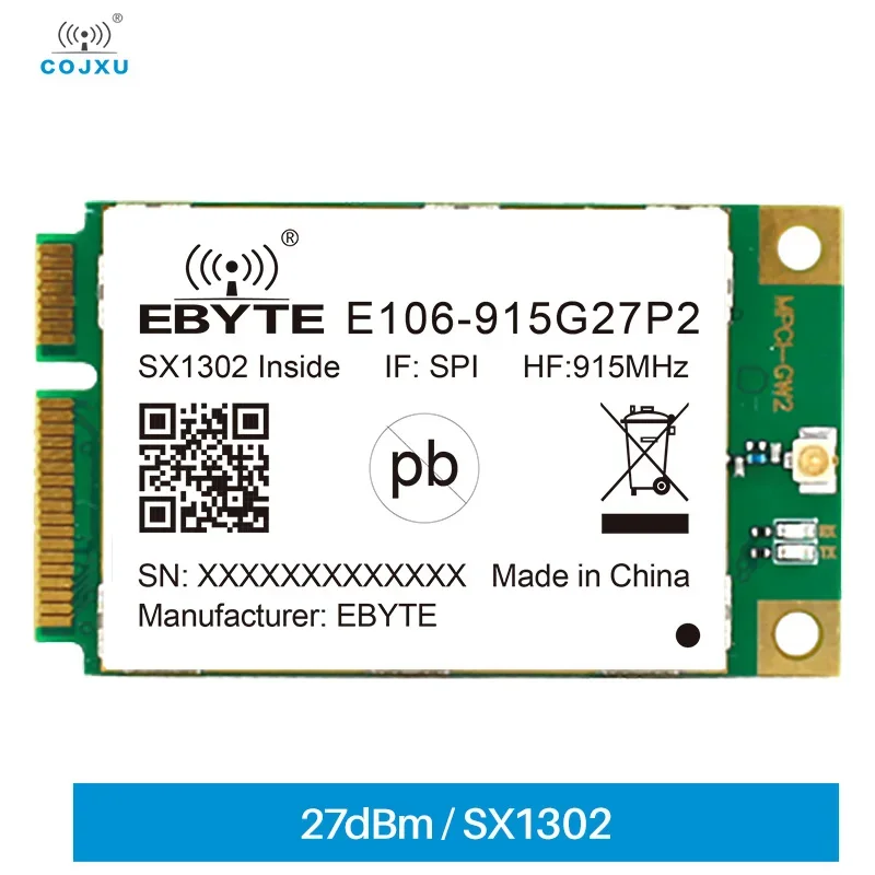 

SX1302 LoRaWan Gateway RF Module 910~920MHz 27dBm Built-in PA and LNA Half-duplex PCI-e Interface E106-915G27P2