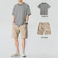 summer mens sets casual stripe round neck short sleeve t shirt elastic waist shorts two piece suit