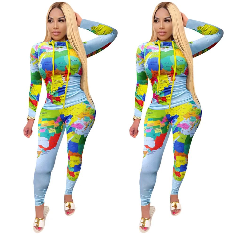 

S390005 Ladies casual two-piece spring and autumn new long-sleeved high-neck map printing trousers sports suit women