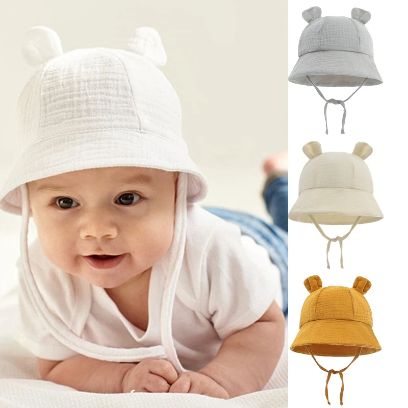 

Панама для новорожденных летняя хлопковая однотонная, Панама с милыми медвежьими ушками для младенцев, Пляжная шапка