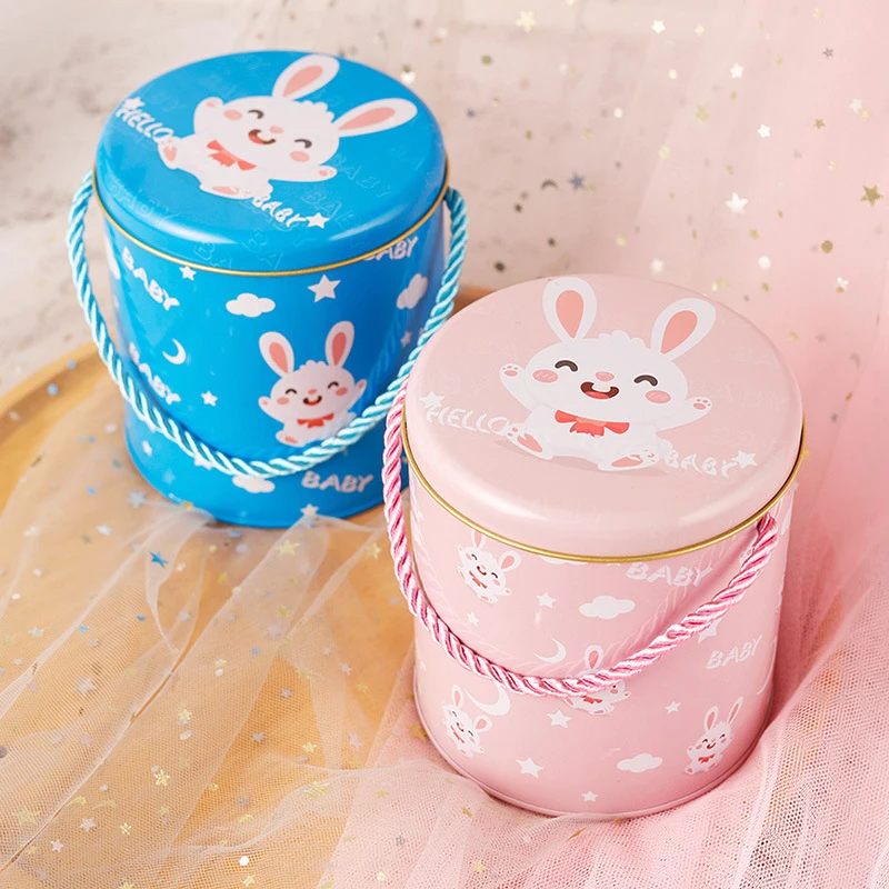 

Rabbit Round Bucket Candy Jar With Lid Tin Finishing Storage Tank Metal Storage Case Organizer Snack Biscuits Coffee Box